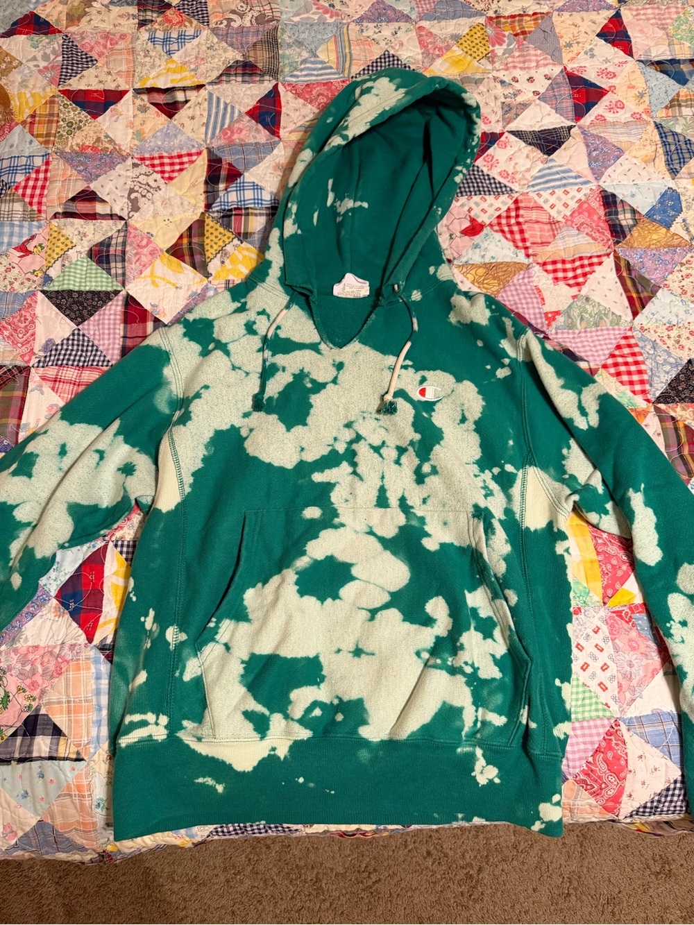 Champion Green and White Bleach-Effect Pullover Hoodie